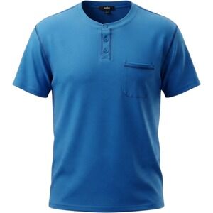 Ouku Mens 2XL Blue Short Sleeve Henley‎ T-Shirt Chest Pocket Contrast Stitching